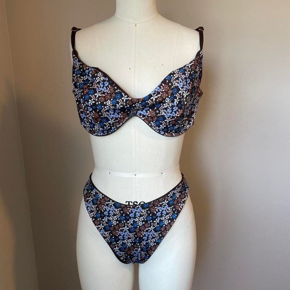 Lounge Reversible brown and blue floral boho sexy cheeky bikini set- XXL - Picture 1 of 7